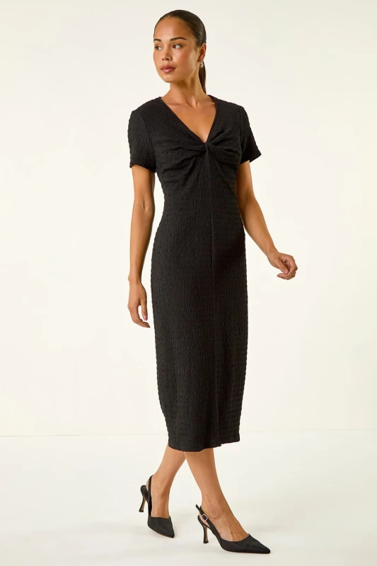 Image of Roman Womens Petite Textured Twist Midi Dress in Black Size: 18 Black Female 18