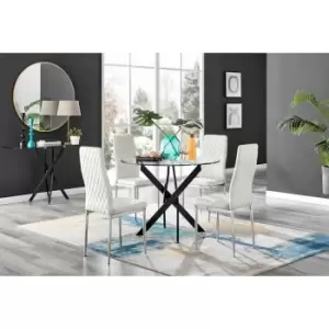 Image of Furniture Box Novara Black Leg Round Glass Dining Table and 4 Cream Velvet Milan Chairs