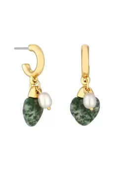 Image of Gold Green Specked Heart And Pearl Charm Hoop Earrings