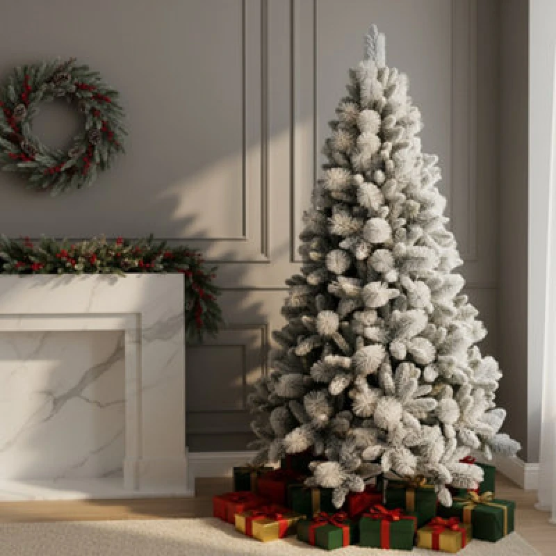 Image of Shatchi 7FT Frosted Snowy Boulder Pine Helsinki Fir Green Tips Bushy Artificial Plain Christmas Tree White
