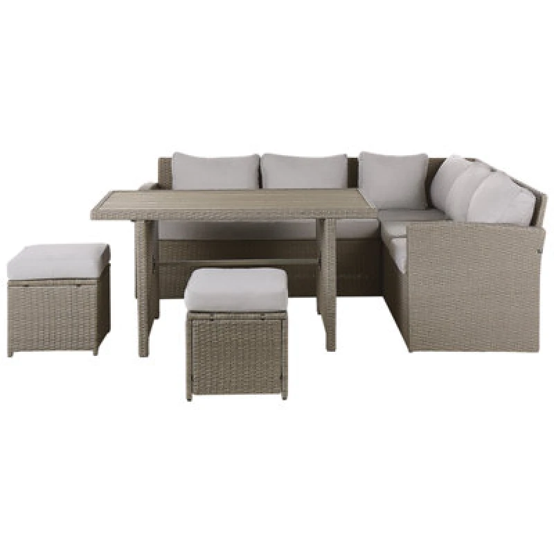 Image of Beliani Garden Lounge Set With Table And Ottoman 5 Seater Bardi With Cushions Pe Rattan Taupe