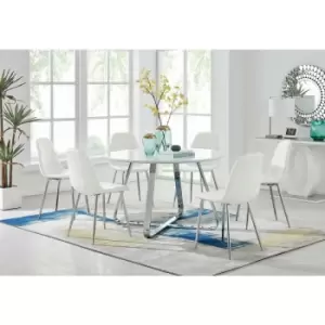 Image of Santorini White Round Dining Table And 6 White Corona Faux Leather Dining Chairs with Silver Legs Diamond Stitch - White