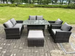 Image of Fimous 6 Seater Outdoor Dark Grey Rattan Lounge Complete Sofa Set with Dining Table, Arm Chair and Big Footstool