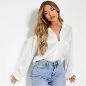 Image of I Saw It First Satin Feather Sleeve Shirt - White