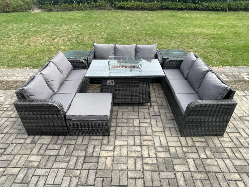 Image of Fimous Rattan Furniture Garden Dining Set Gas Fire Pit Table With 2 Side Tables Lounge Sofa Big Footstool Dark Grey Mixed Dark Grey