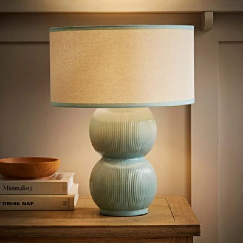 Image of ValueLights ValueLights Gemma Linen with Trim Drum Lamp Shade Stacked Ribbed Glazed Table Lamp in Pale Green Pale Green One Size Unisex 5016529271604