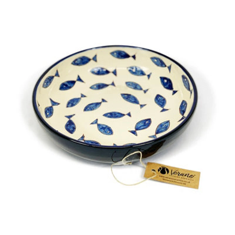 Image of Verano Spanish Ceramics Signature Blue & White Fish Hand Painted Ceramic Kitchen Dining Bowl (Diam) 23Cm Blue Fish