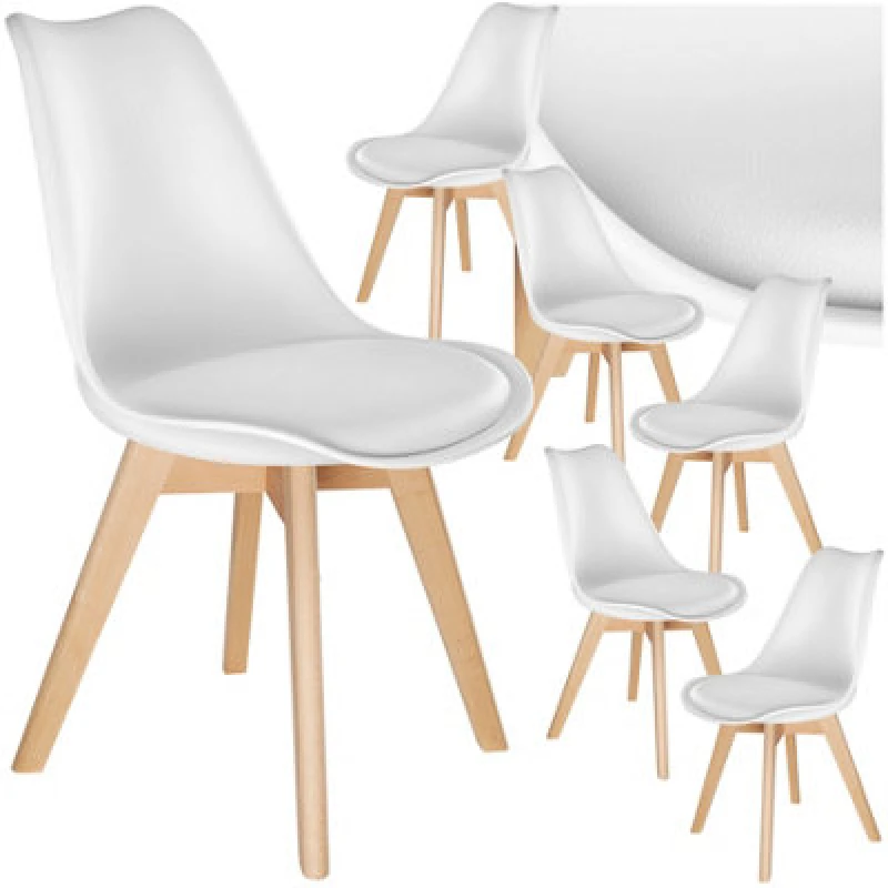 Image of Tectake Set Of 6 Dining Chair Frederikke With Padded Seat, Ergonomic Shape, And Wooden Legs - White