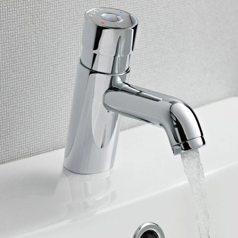 Image of Nes Home Chrome Non Concussive Push Down Self Closing Round Basin Mono Mixer Tap in Silver Silver Unisex