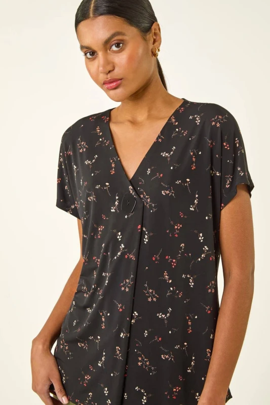 Image of Roman Floral Print V-neck Top, Black, Size 10, Women Black WYABR Female 10