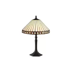 Image of 1 Light Octagonal Table Lamp E27 With 30cm Tiffany Shade, Amber, Crystal, Aged Antique Brass