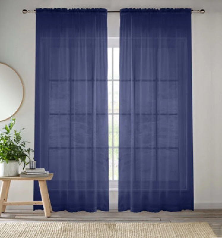 Image of Enhanced Living Sheer Navy Plain Woven Voile Slot Top Curtain Panel Pair (57X54") 145X137Cm