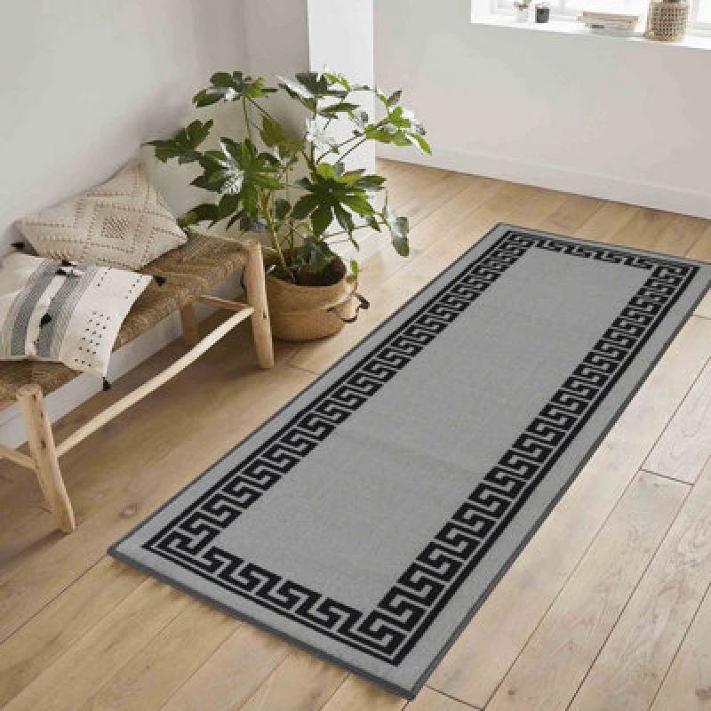 Image of Machine Washable Greek Key Design Anti Slip Doormats Grey 80X300 Cm