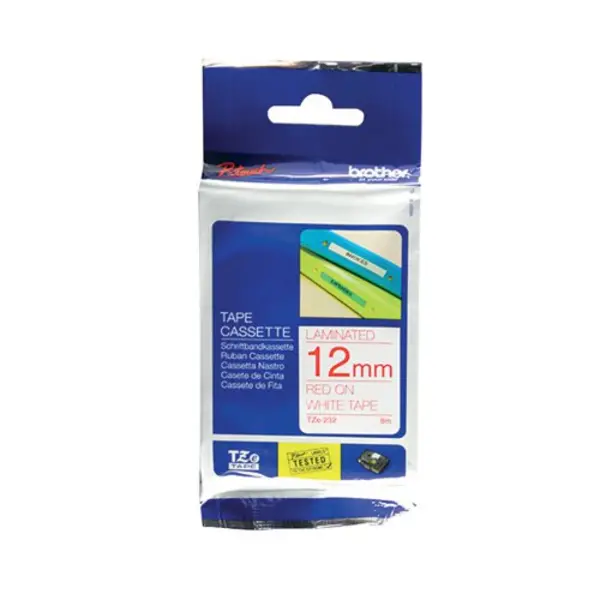 Image of P-Touch Brother P-touch TZe Laminated Tape Cassette 12mm x 8m Red on White Tape TZE232 TZE232