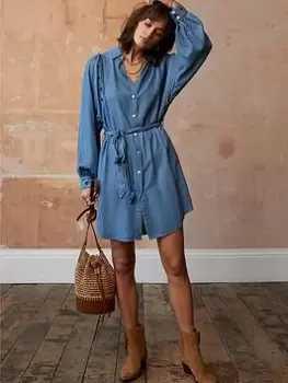 Image of Mint Velvet Chambray Embroidered Shirt Mini Dress, Blue, Size L, Women