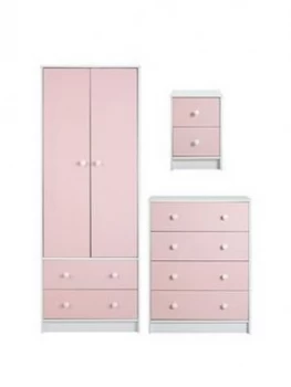 Image of Conway 3 Piece Childrens Bedroom Package - 2 Door, 2 Drawer Wardrobe, 4 Drawer Chest And 2 Drawer Bedside Chest - Pink