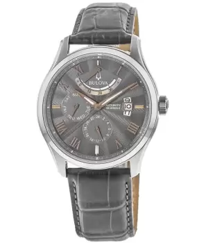 Image of Bulova Wilton Grey Dial Grey Leather Strap Mens Watch 96C143 96C143