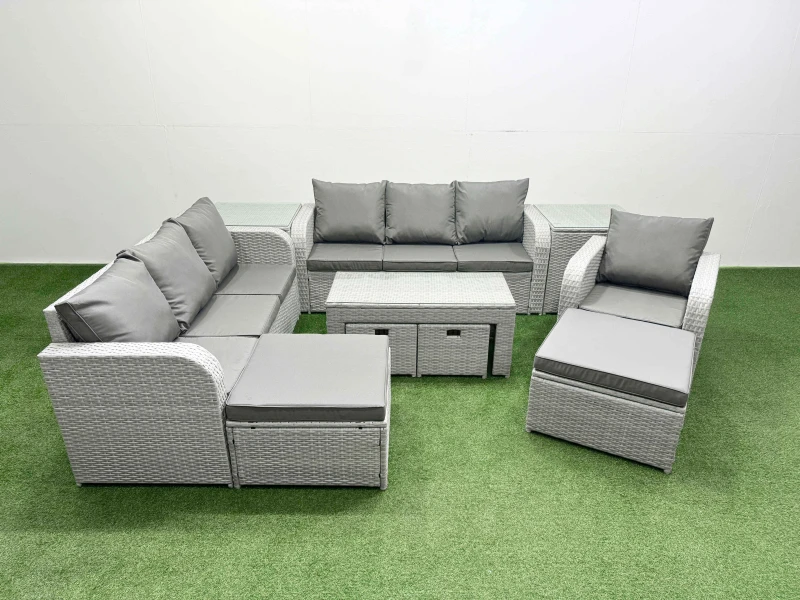 Image of Fimous PE Rattan 3 Seater Sofa Reclining Chair Set with Oblong Coffee Table in Light Grey Light Grey Unisex