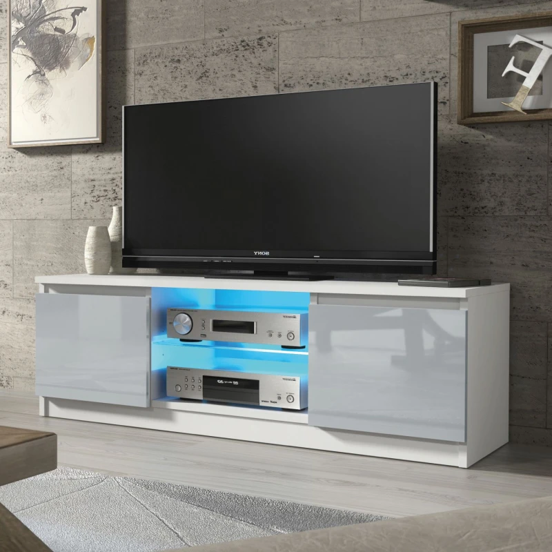 Image of Mex Furniture LTD TV Unit with LED Lighting & Gloss Doors / 120cm in Light Grey Light Grey Unisex