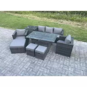 Image of Fimous 5 Seater Outdoor Dark Grey Rattan Lounge Complete Sofa Set with Rectangular Dining Table, 2 Stools and Big Footstool