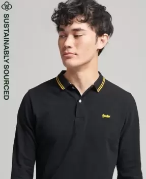 Image of Superdry Mens Vintage Tipped Long Sleeve Polo Shirt Black / Black/Utah Gold - Size: S