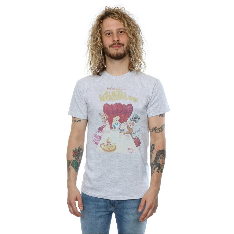 Image of Disney Men Alice In Wonderland Retro Poster T-Shirt in Grey Size: Small Grey S Male 5057245574716