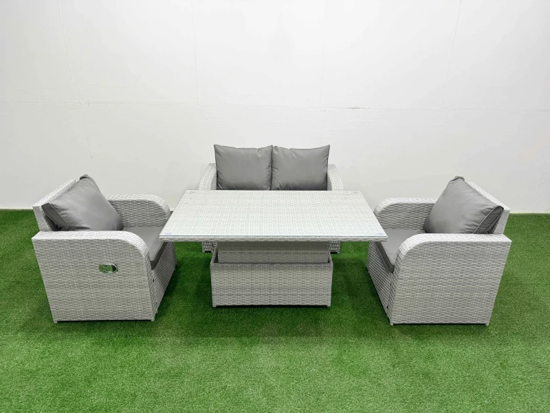 Image of Fimous Light Grey PE Wicker Rattan Garden Furniture Set Sofa Set Reclining Chair Adjustable Lifting Dining or Coffee Table 4 Seater Light Grey