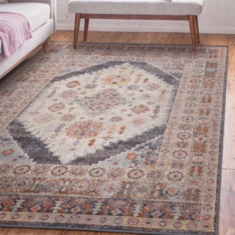 Image of Floral Grey Traditional Abstract Persian Bordered Easy To Clean Rug For Dining Room-120Cm X 170Cm