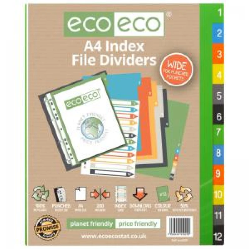 Image of Eco Eco Multicolour 50% Recycled Wide Index Dividers A4 1-12 eco029-S