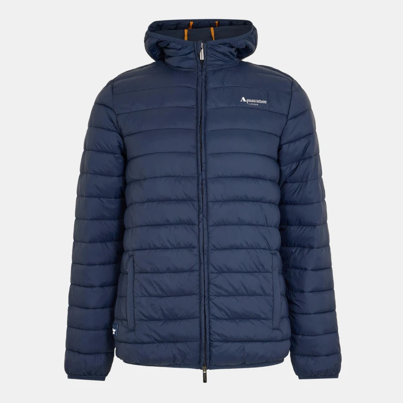 Image of Aquascutum Mens Hooded Hip Length Long Sleeve Medium Puffer Jacket Navy male Small
