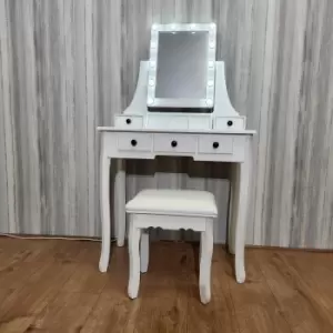 Image of White Dressing Table with Mirror LED Bulbs 5 Drawers Stool Vanity Makeup Table