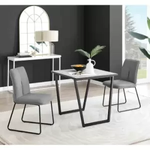 Image of Furniture Box Carson White Marble Effect Square Dining Table and 2 Dark Grey Halle Chairs