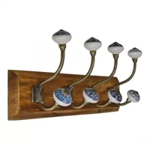 Image of 4 Double Ceramic Peacock Design Coat Hooks On Wooden Base