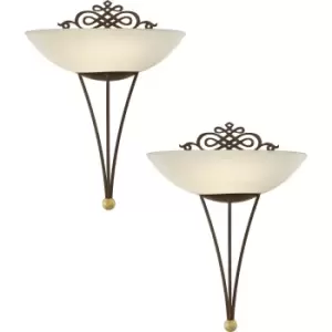 Image of 2 PACK Wall Light Colour Antique Brown Gold Shade Beige Glass Chalked E27 1x60W