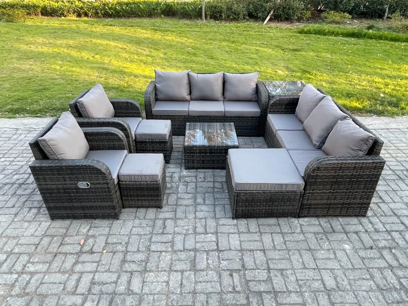 Image of Fimous High Back Rattan Garden Furniture Set with Square Coffee Table 3 Footstools Side Table Indoor Outdoor Patio Lounge Sofa Set Dark Grey
