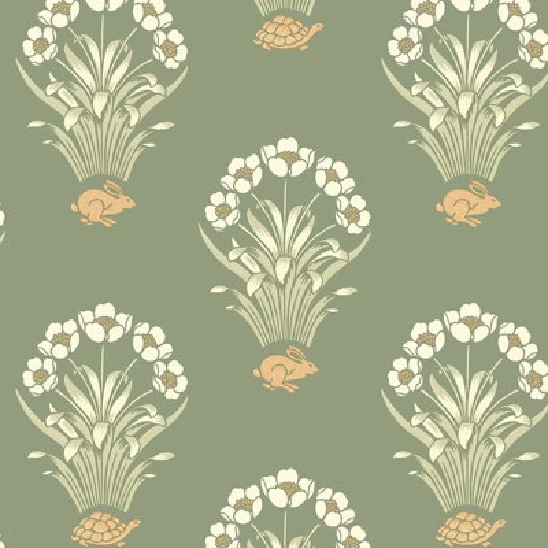 Image of Belgravia Tortoise Hare Sage Green Wallpaper Floral Animal Print Feature Wall