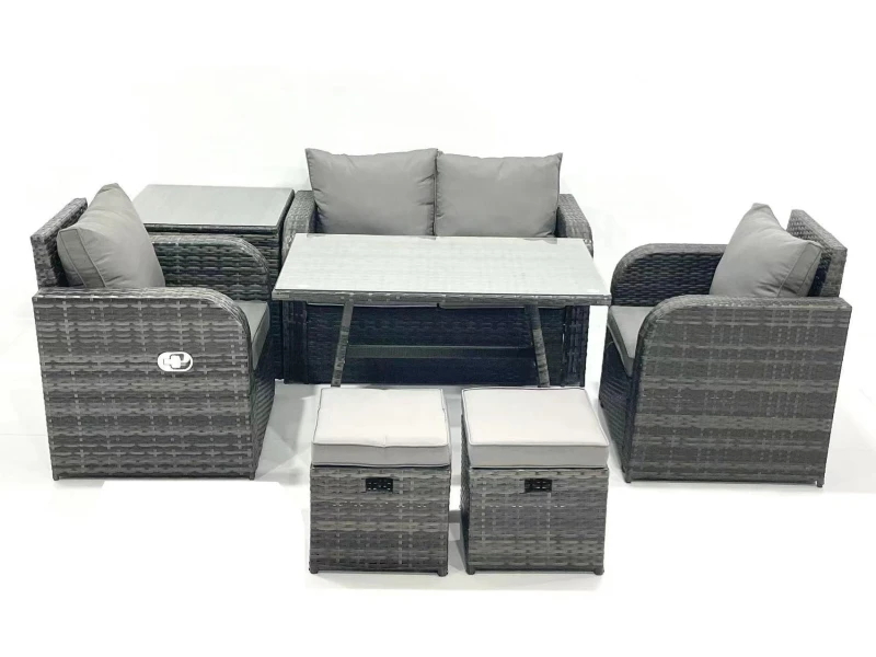 Image of Fimous Outdoor Garden Furniture Set with Reclining Chair Side Table 2 Small Footstool Dark Grey