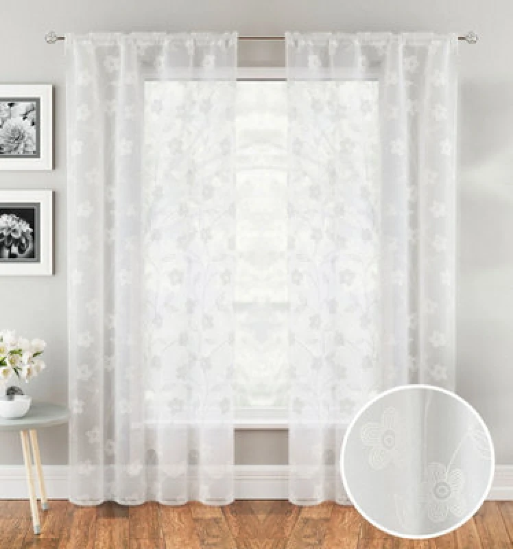 Image of Tyrone Textiles Pair Of Sienna White Floral Paste Print Patterned Voile Panels With Rod Pocket Header 183 Cm
