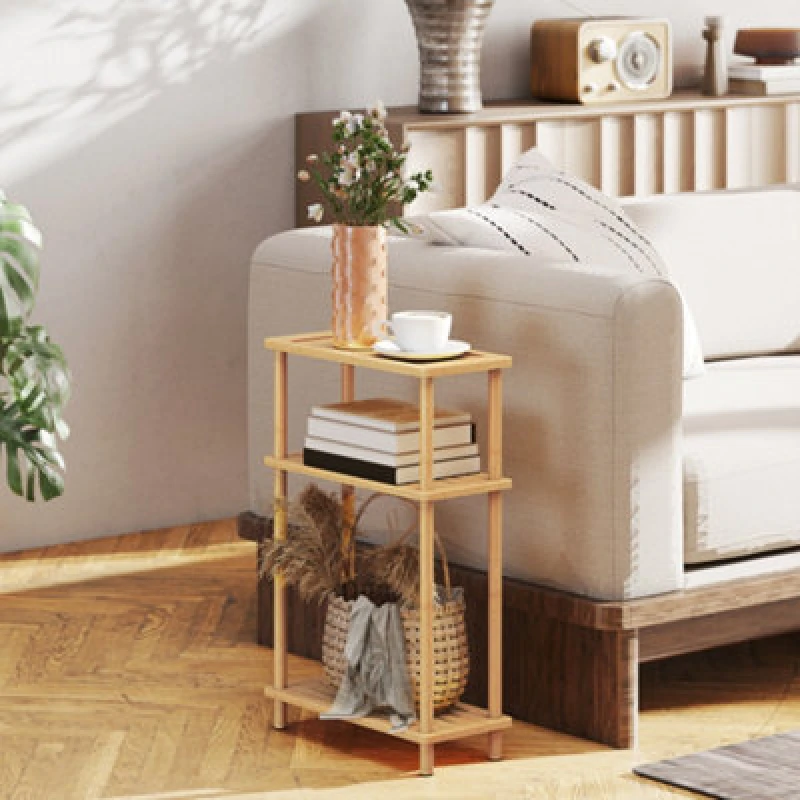 Image of HOMCOM 3-Tier Slim End Table, Tool-Free Assembly, Natural Wood Finish Natural Unisex