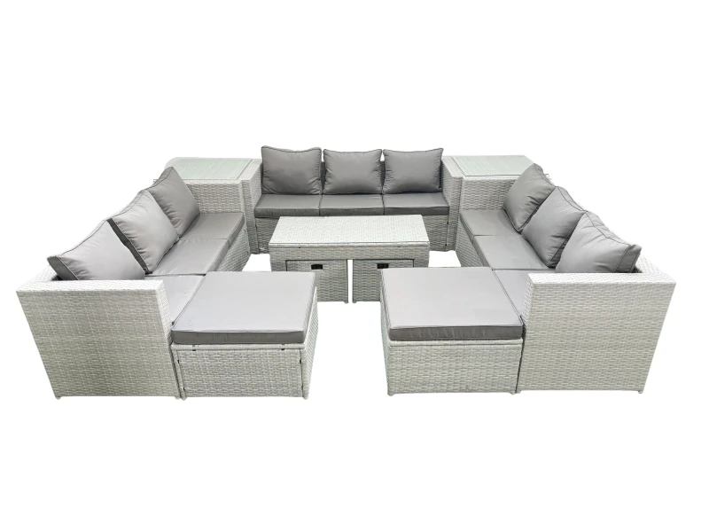 Image of Fimous Outdoor Rattan Garden Furniture Set with Grey Cushions Luxury 14 Seater with Coffee Table and 2 Side Tables For Conservatory,Patio Light Grey