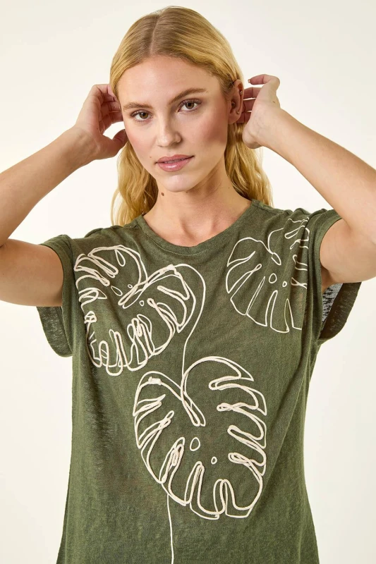 Image of Roman Womens Embroidered Leaf T-Shirt in Khaki Size: 10 Khaki Female 10