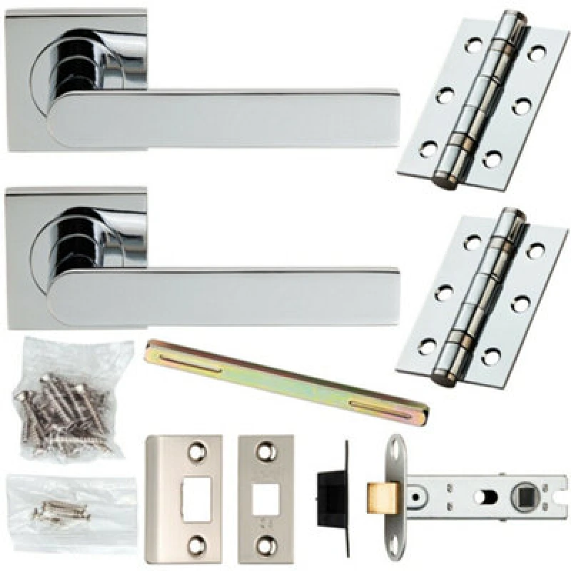 Image of Loops Door Handle & Latch Pack Chrome Modern Flat Sleek Bar on Screwless Square Rose Multi