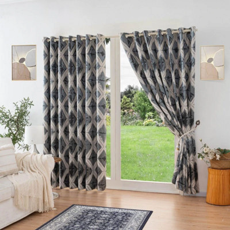 Image of Luxury Living Luxury Diamond Jacquard Fully Lined Ring Top Curtains With Metallic Thread 168Cm X 183Cm Charcoal/silver
