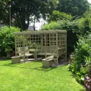 Image of Churnet Valley - The Riviera Seated Pergola, wooden garden corner arbour seat with table and trellis - Assembly included