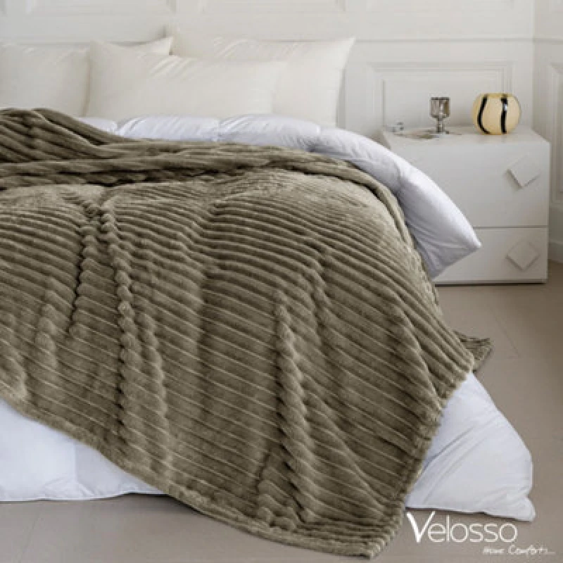 Image of Velosso Elegant Thermal Plush Ribbed Throw Blanket In Modern Style For Sofa, Bed In 200Cm X 240Cm - Beige