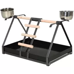 Image of Metal Bird Stand w/ Wood Perch 2 Feeding Bowls Ladder Parrot Lightweight - Pawhut