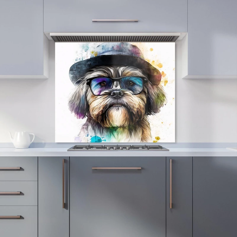 Image of Warren Reed - Designer Lhasa Apso Dog With Glasses Splashart Kitchen Splashback Size: 900mm x 750mm Multicolor Unisex 900mm x 750mm