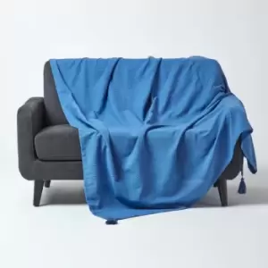 Image of Cotton Rajput Ribbed Blue Throw, 225 x 255cm - Blue - Homescapes