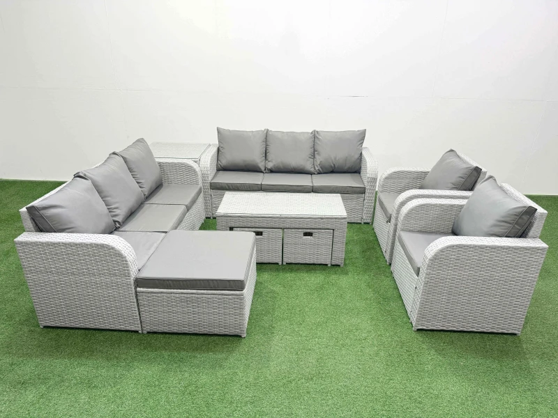 Image of Fimous PE Rattan High Back Lounge Sofa Set Patio Oblong Coffee Table & Chairs Set with 3 Seater Sofa Reclining Chair 3 Stools Side Table Light Grey Li