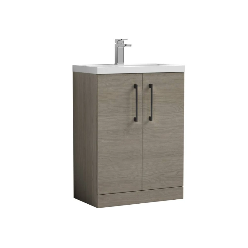 Image of Balterley Bathroom Vanity Basin Unit, Black Handles, 600mm, Mid Oak in Brown Brown Unisex